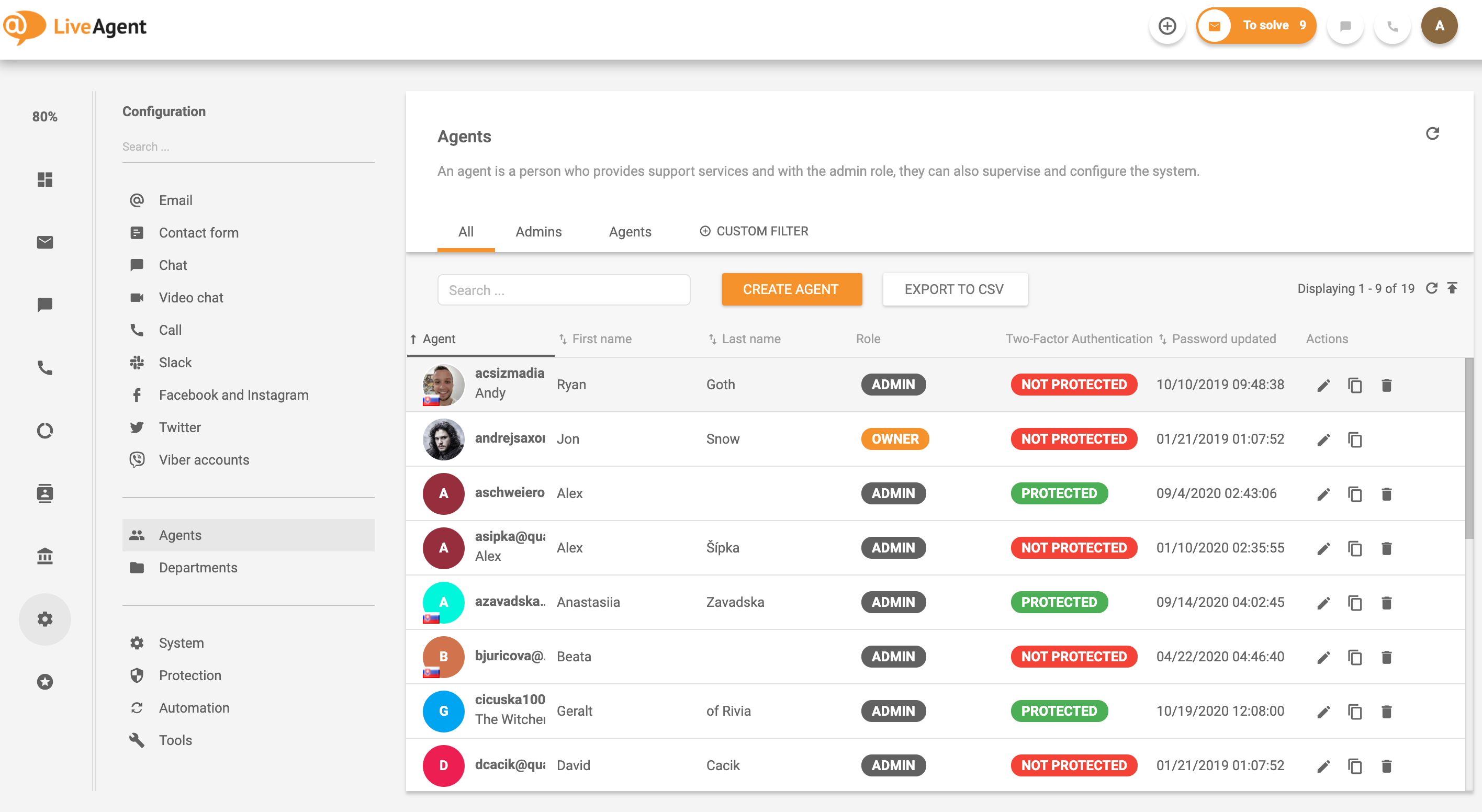 List of agents in LiveAgent customer service solution