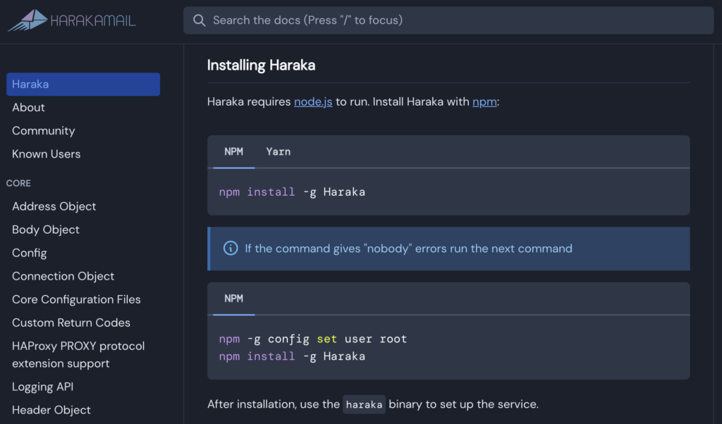 Haraka hjemmeside med installationsvejledning