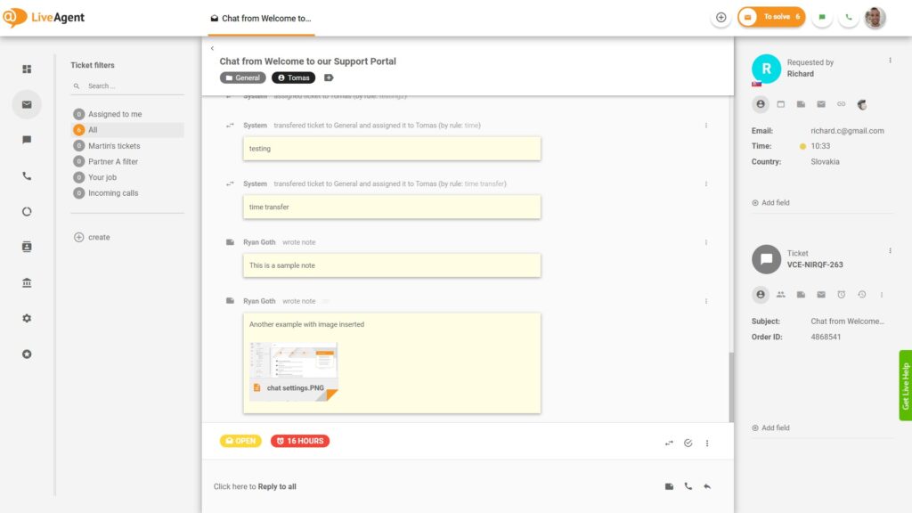 Notes inside of the ticket in LiveAgent