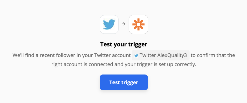 Twitter triggertest i integrationsopsætningen på Zapier