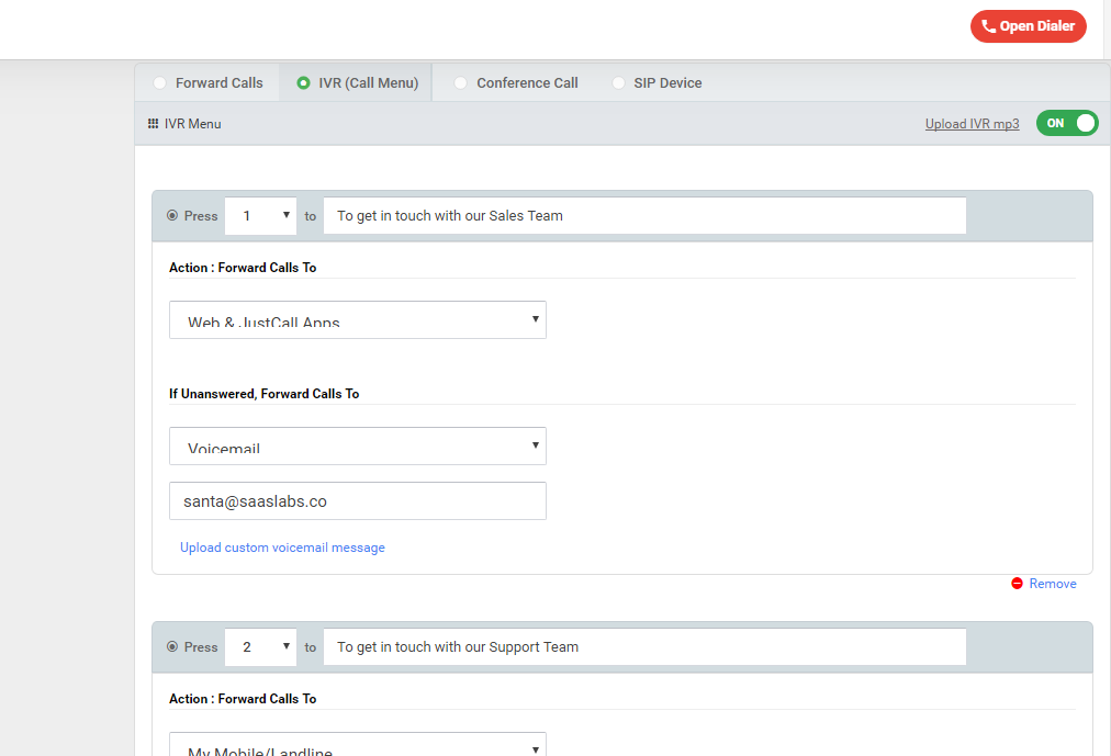 JustCall IVS settings - Call Menu
