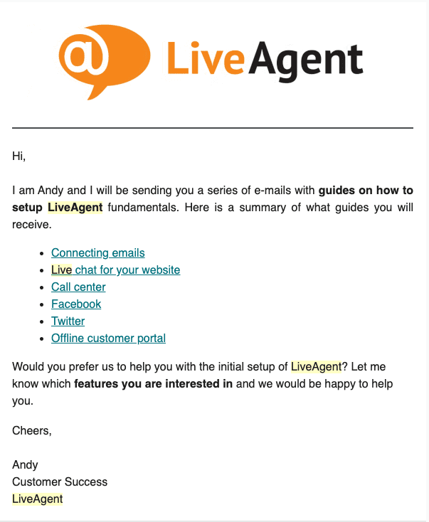 LiveAgent onboarding email