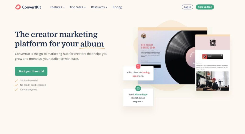 ConvertKit home page,  email management software for creators