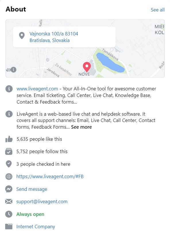 LiveAgent's Facebook bio