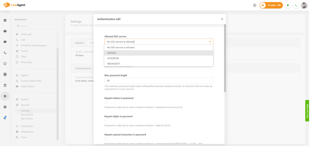 Choose SSO service in LiveAgent