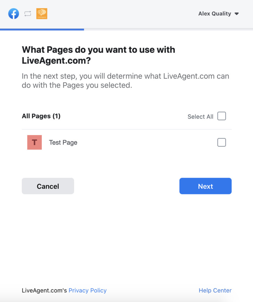 Udvalg af Facebook-sider i LiveAgent-konfiguration