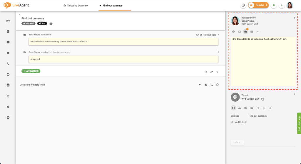 Noter i billetter - LiveAgent