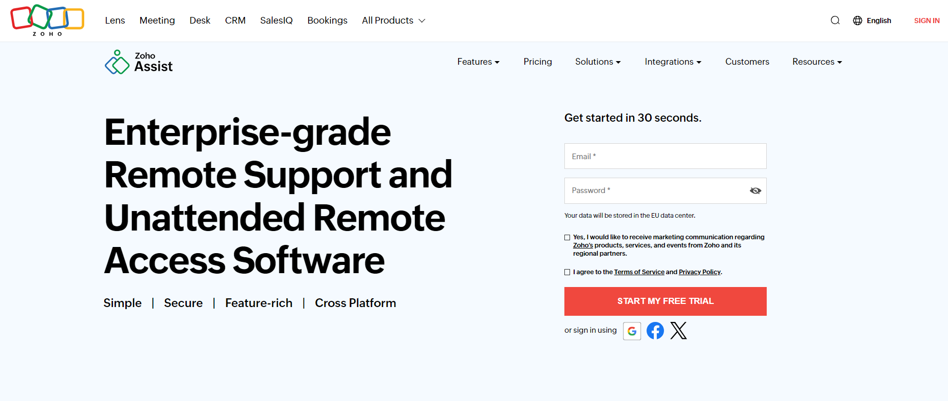Zoho Assist hjemmeside - robust fjernbetjent help desk-software