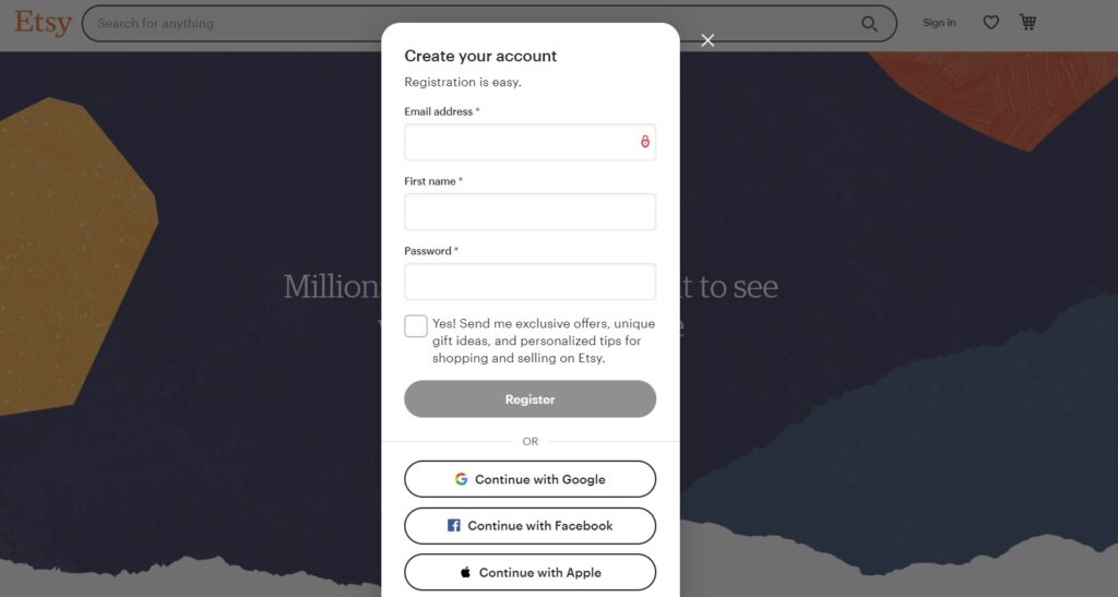 Etsy shop registration