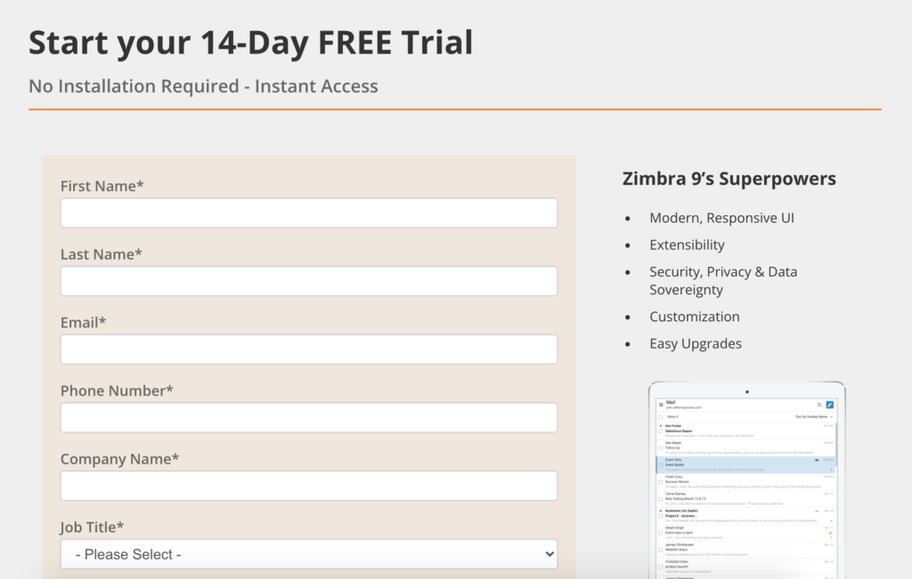 Zimbra prøveside med tom formular